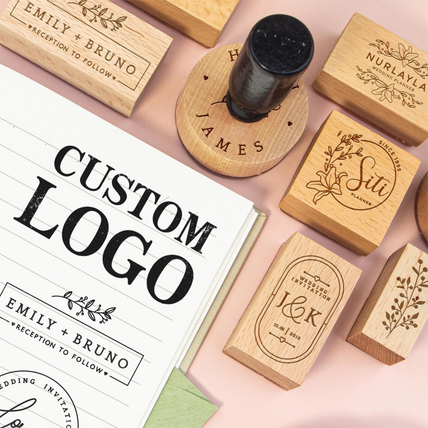 Custom Design/Logo Business Rubber Stamp with Wooden Mount - Small & Medium